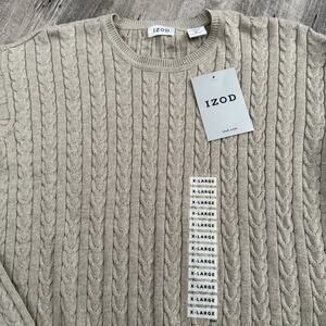 IZOD Cable Knit Sweater Men Sz XL Oatmeal Tan Crew Neck 100% Cotton Pullover NEW